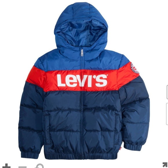 Levi's Big Boy Puffer Jacket With Hood LOGO In Front L 12-13 Years Navy Red New.